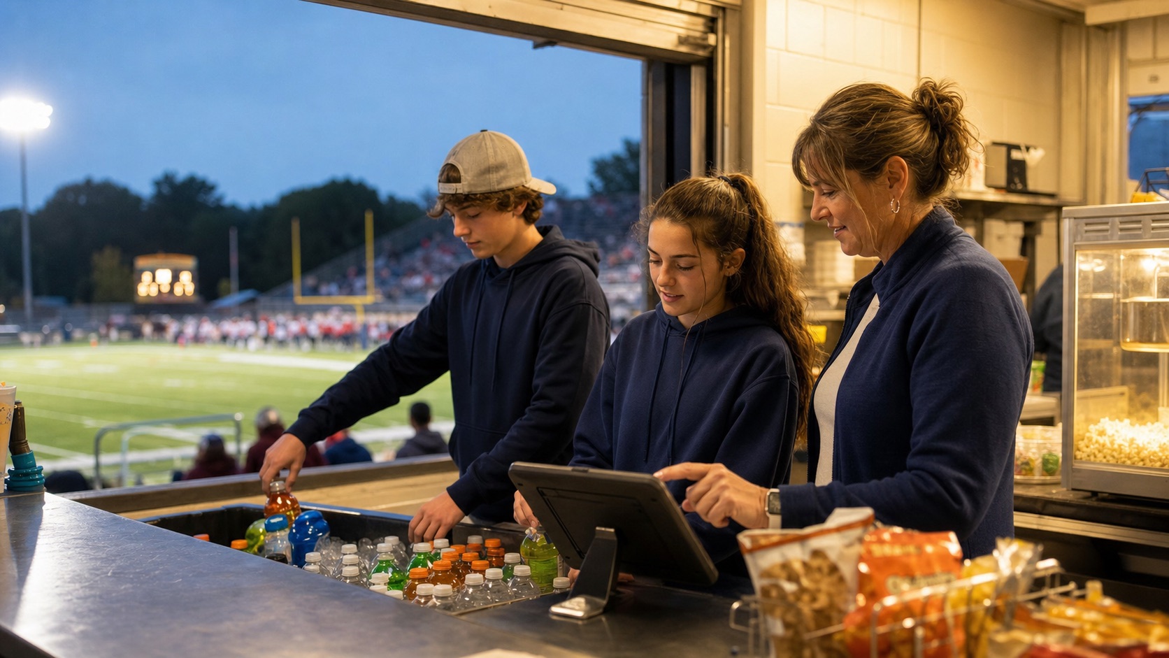 An adult Booster Club manager guiding teenage volunteers inside an organized football concession stand