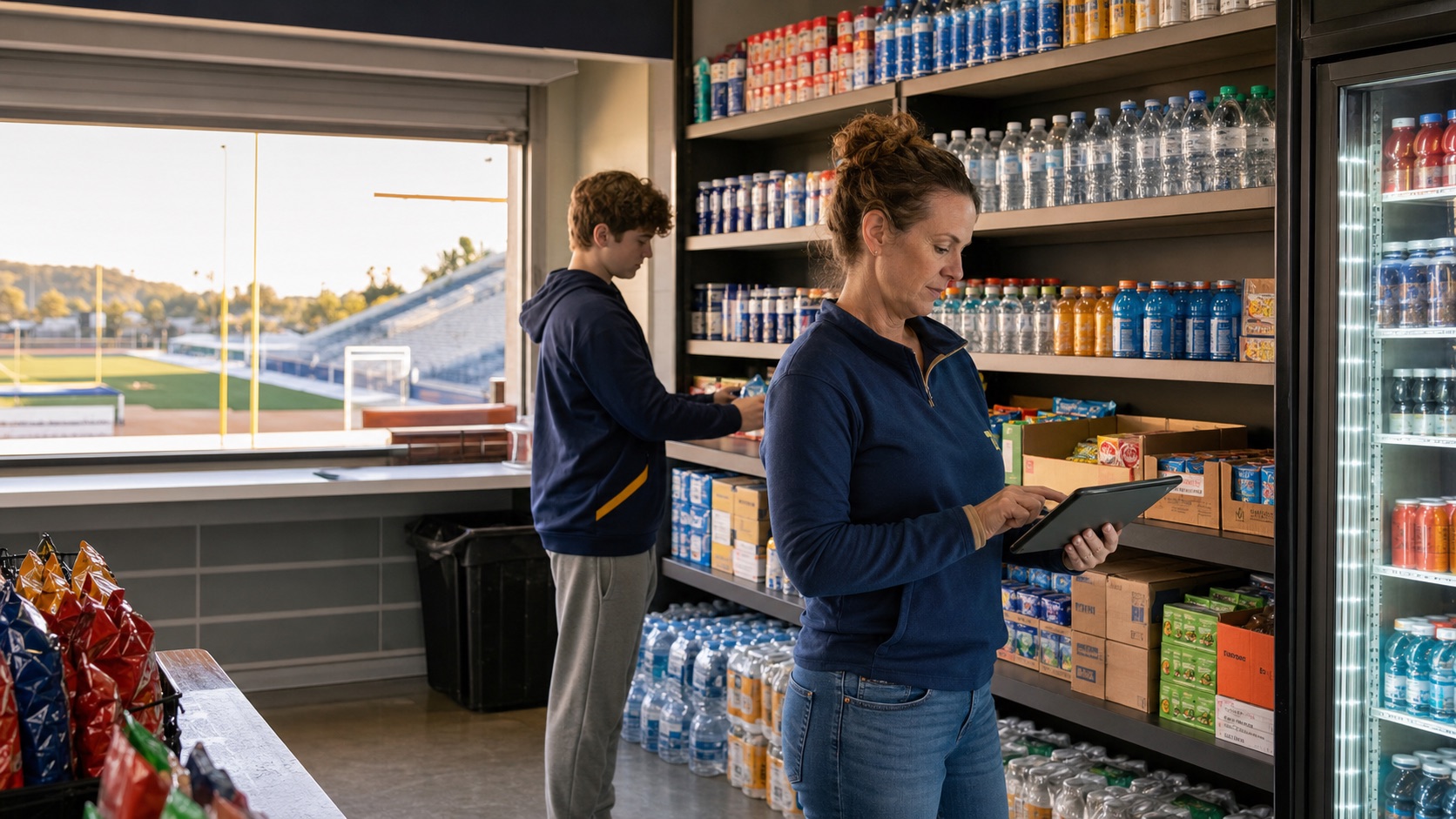 An adult inventory lead and teenage volunteer counting drinks and snacks in a school concession stand