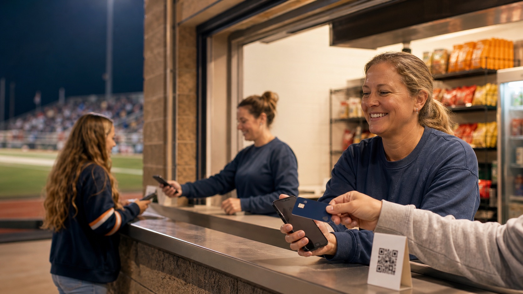 A customer tapping a contactless card on an adult concession volunteer's phone at a football game
