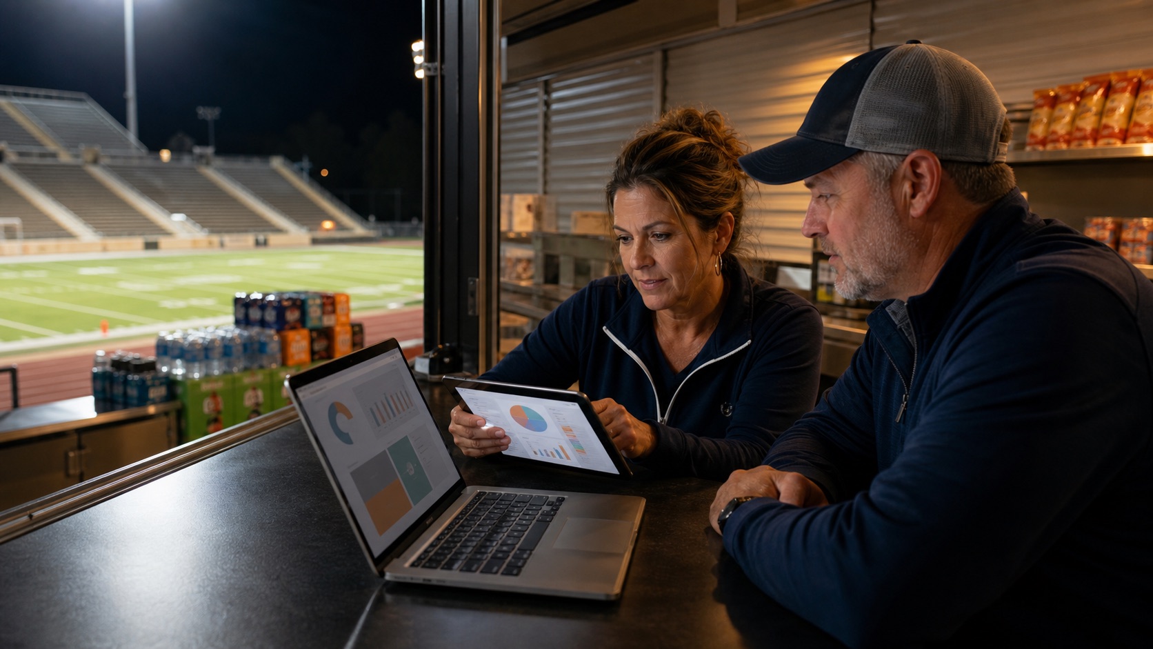 Two Booster Club leaders reviewing concession results after a football game