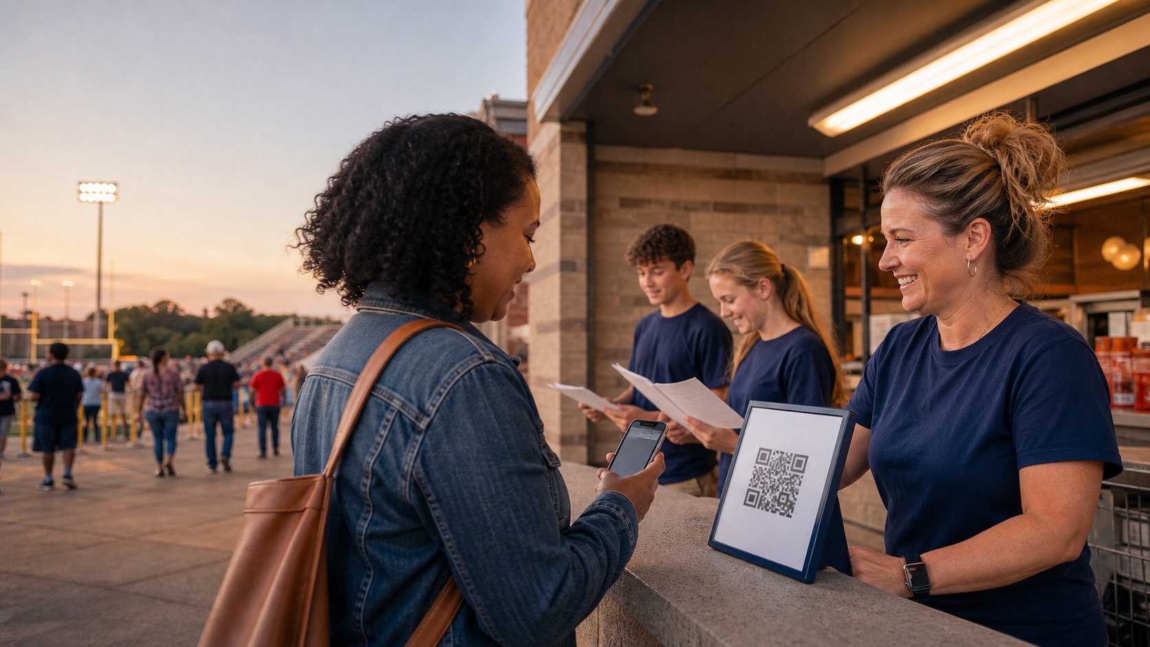 A parent volunteer checking in by QR code with a Booster Club coordinator before a football game