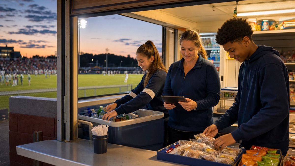 Adult and teenage school volunteers preparing concessions beside a football field